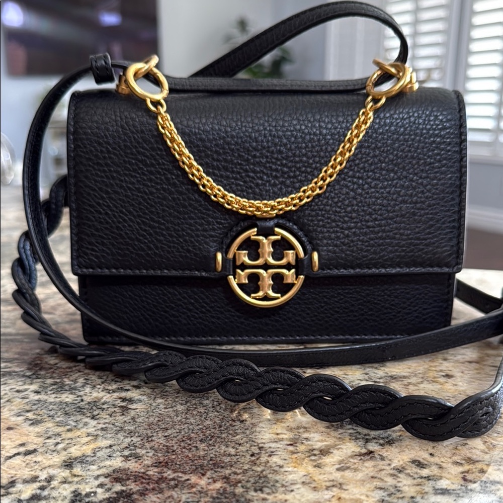 Tory Burch Black and Gold Crossbody Bag with Signature Medallion